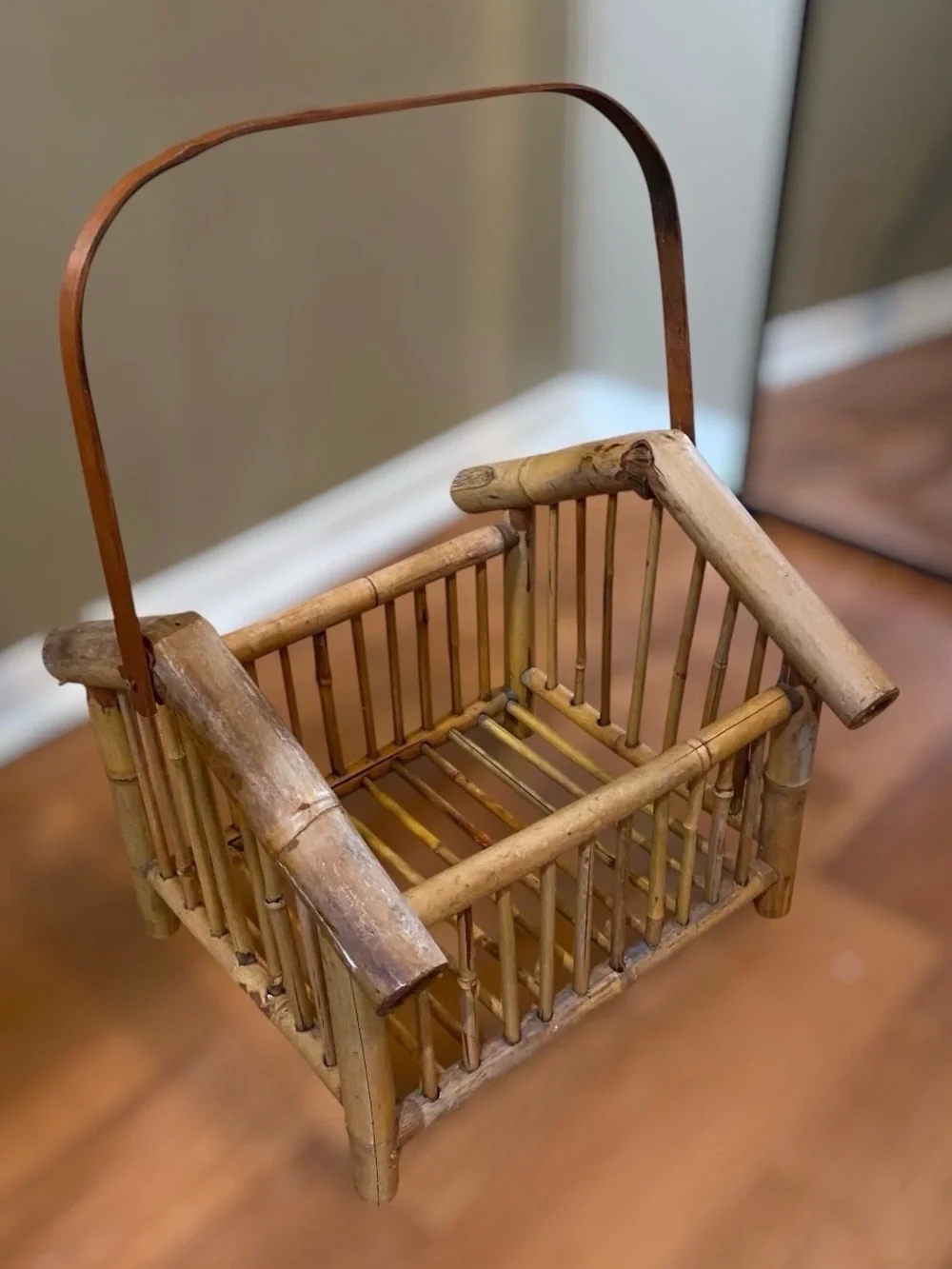 Vintage 60’s Bamboo Square Basket with Handle Magazine Storage Rattan Cane